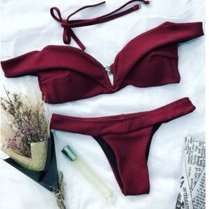 Off the shoulder, deep V bikini (top and bottom)